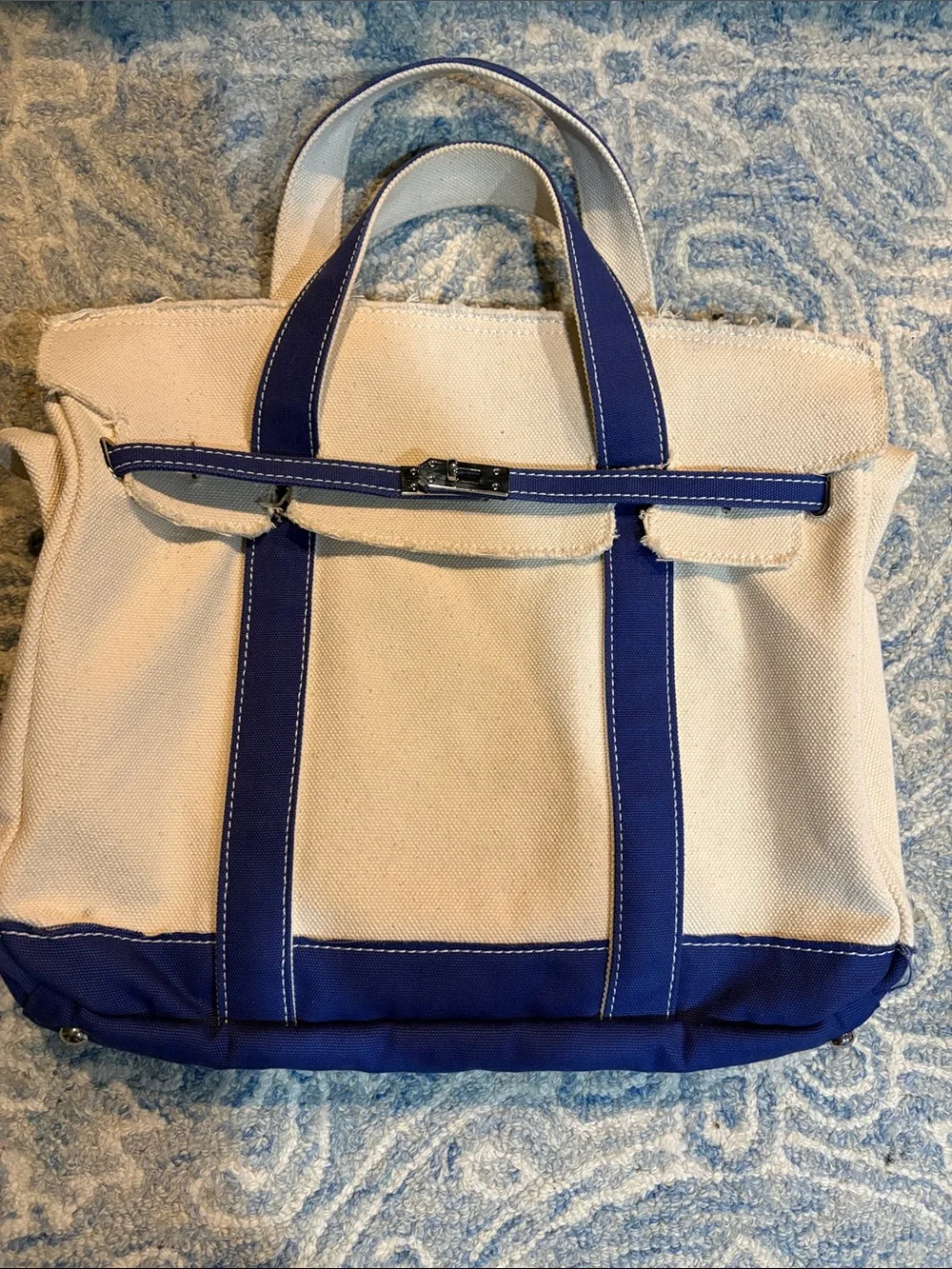 Canvas Tote Bag in Cream with Blue Accents - Women Bags Totes